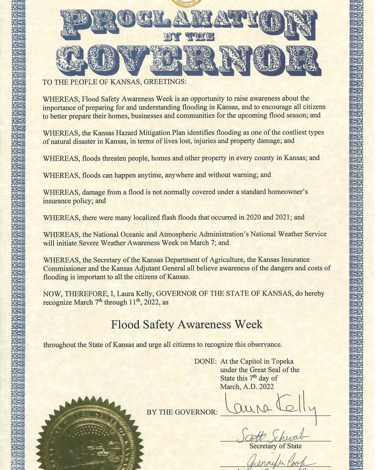 Image of Governor Laura Kelly's flood proclamation (2022)